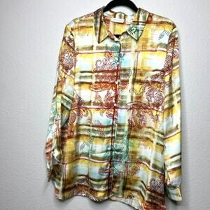 Susan Graver Printed Charmeuse Button-Front Tunic Sz L